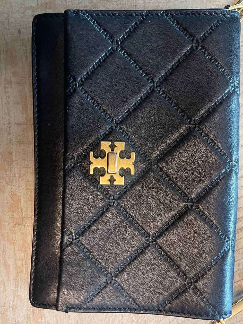Tory Burch Black Quilted Leather Crossbody with Gold Logo